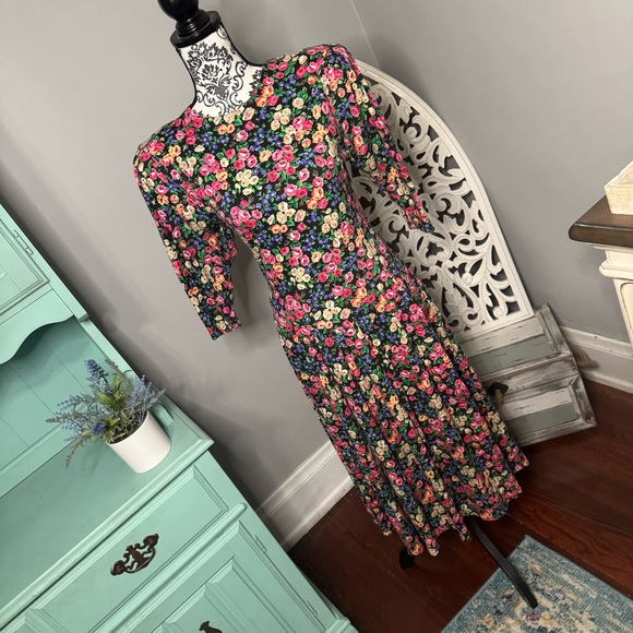 VINTAGE 80s Britland Floral 3/4 Sleeve Midi Dress Size 7 Cottage Core Boho - Picture 1 of 12